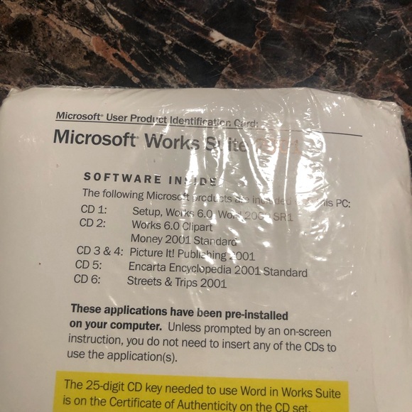 MICROSOFT WORKS SUITE 2001 SEALED WORD 2000 MONEY 2001 ENCARTA 6.0 w KEY - Picture 3 of 12